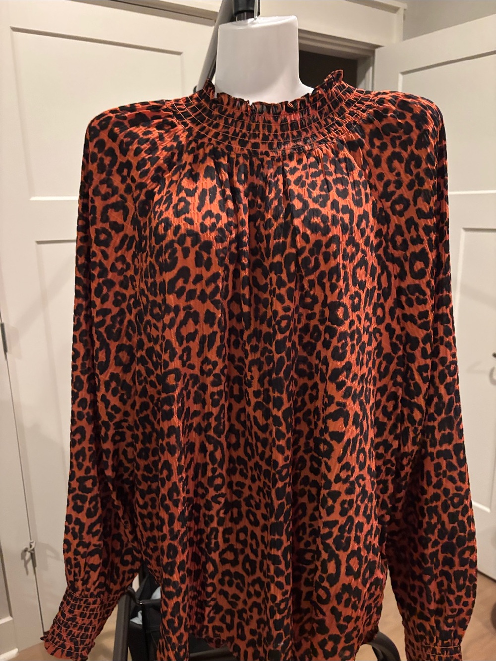 LOFT Rust and Black Leopard Smocked Neck Blouse